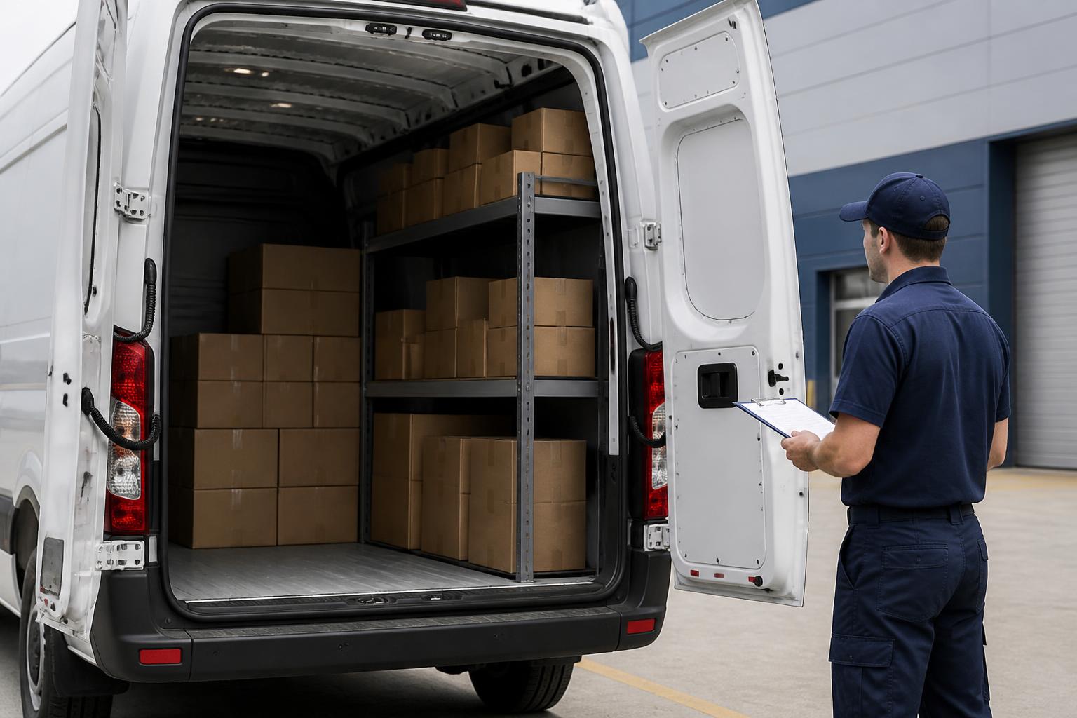 High-roof cargo van loaded with organized packages at a business loading area