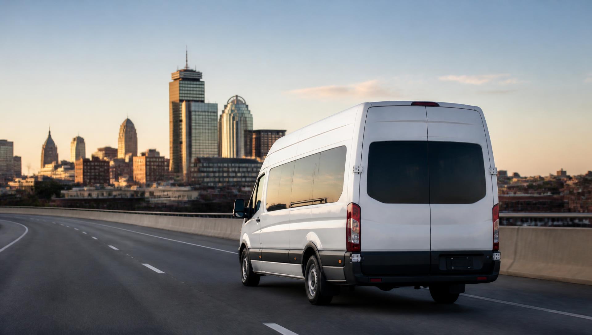 High-roof commercial passenger van traveling toward the Boston skyline at golden hour