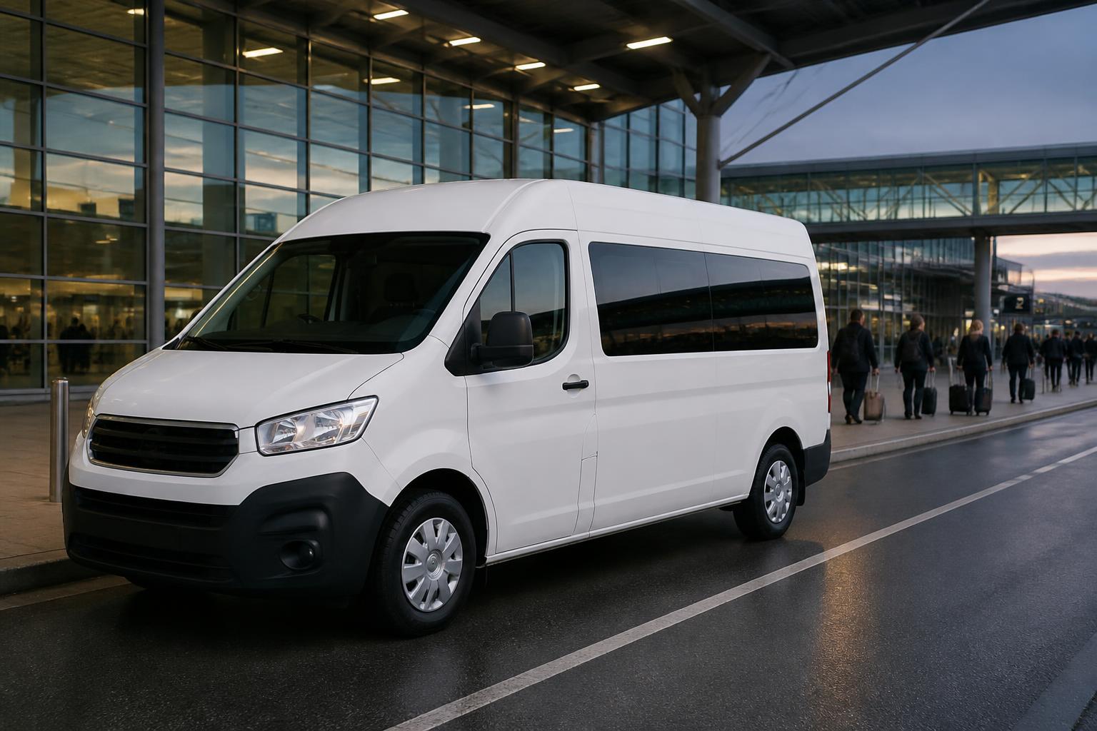 Large passenger van waiting at an airport terminal curb at dusk